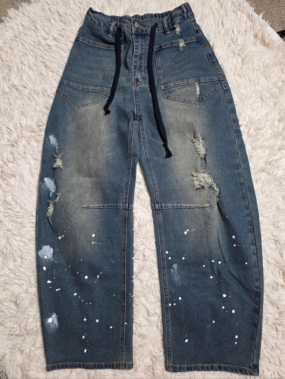 Paint Splatter Barrel Jeans Blue Velvet Small